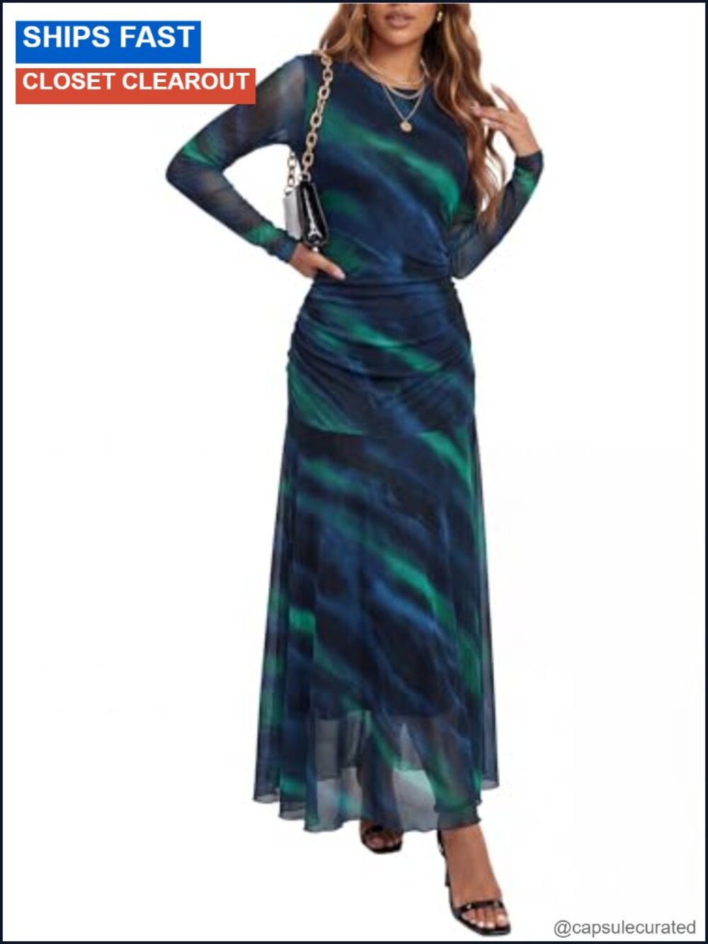 Floral Bodycon Maxi Dress Long Sleeve Mesh Ruched Wedding Guest